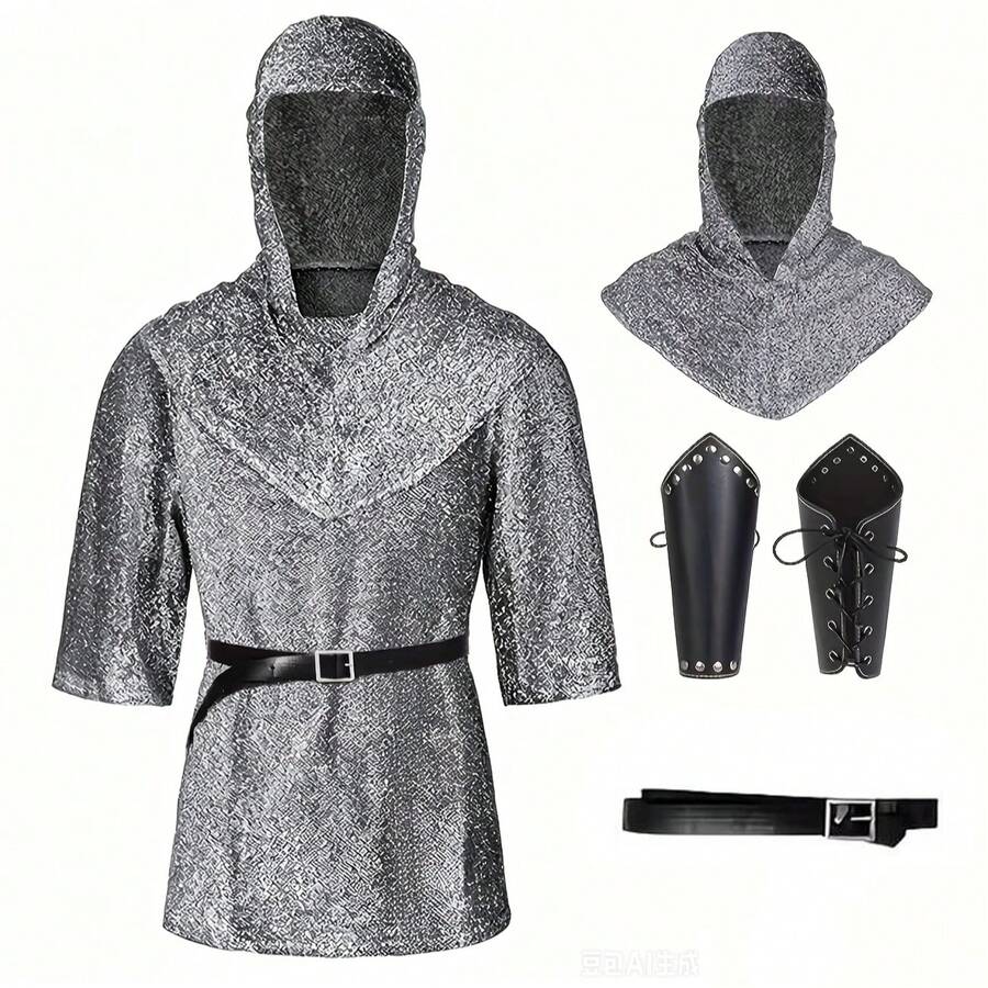 New European Medieval Retro Knight Costume, Silver-Gray Chainmail-Textured Hooded Robe, Paired With Black Leather Belt And Studded Wrist Cuffs, Showcasing A Rugged And Powerful Warrior Vibe. High-Quality Durable Fabric, Tailored For Ease Of Movement. - Grey - View 1