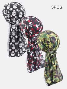 3pcs Women's Faux Silk Satin Long Ponytail Pirate Hats, Suitable For Daily Wear - Black/Wine Red/Navy Blue - View 9