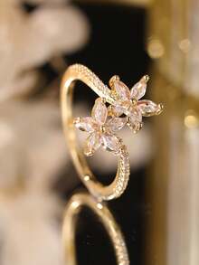 1pc Gold Double Flower Full Cubic Zirconia Ring, Sparkling Marquise Cut Gemstone Jewelry, Suitable For Women's Wedding Party Wear And Gift - Gold - View 4