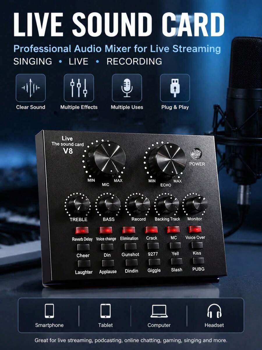 V8 Karaoke Recording & Broadcast Audio Mixer - Kartu Suara Eksternal USB untuk KTV Langsung, Perekaman Peralatan Podcast, Antarmuka Audio untuk Laptop Komputer, Vlog, Siaran Langsung, Streaming Audio, Kartu Suara. - Hitam - View 1