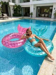 Inflatable Large Mermaid Tail Swim Ring With Backrest, Rubber Floating Bed For Adults, Lake/Beach Swimming Float, Summer Pool Beach Mermaid Theme Party Decoration Water Rest Float, Suitable For Swimming Pool, Beach, Theme Party - Multicolor - View 5