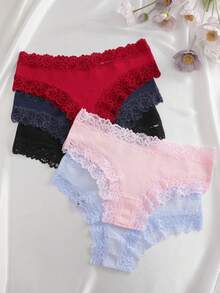 5件裝純色蕾絲飾邊條紋三角內褲 性感透氣女款內衣 - 彩色 - 查看 7