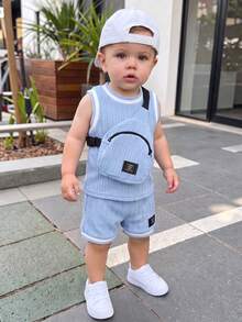 3pcs/Set Infant/Toddler Boys' Summer Ribbed Trim Knit Solid Color Tank Top, Shorts And Crossbody Bag, Casual Stylish Outfit - Blue - View 1