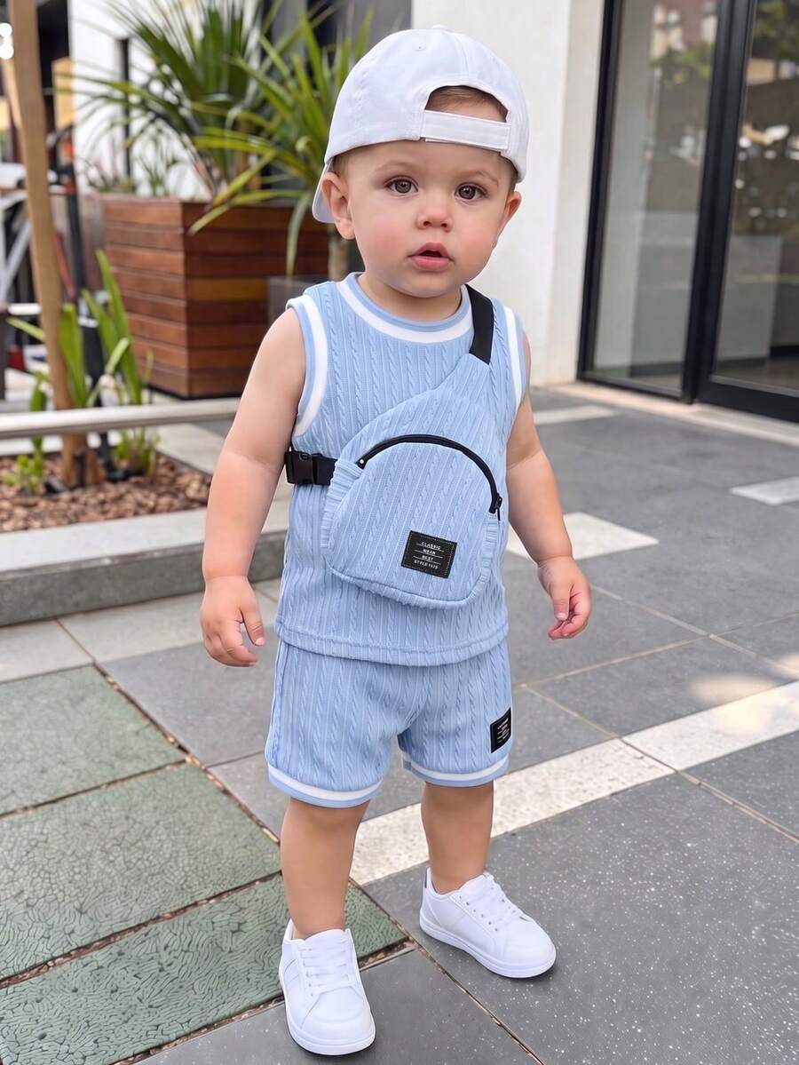 3pcs/Set Infant/Toddler Boys' Summer Ribbed Trim Knit Solid Color Tank Top, Shorts And Crossbody Bag, Casual Stylish Outfit - Blue - View 1