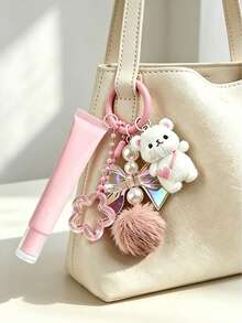 Cute Korean Style Keychain, Resin Heart-Shaped Teddy Bear Slanted Lipstick Tube Keychain, Spring Lip Gloss Keychain, Multi-Functional Car Bag Hanging Keychain, Refillable Squeeze Cosmetic Dispenser Bottle, Portable Personal Makeup Organizer, Wedding Accessory, Perfect Birthday Mother's Day Back To School Gift, Summer Travel Vacation Daily Essential - Multicolor - View 2