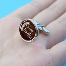 1 Pair Cufflinks Glass Inlay Give Thanks Inspirational Design Men's Formal Gift Elegant Round Decorative Cuff Links For Dress Shirt - Silver - View 3