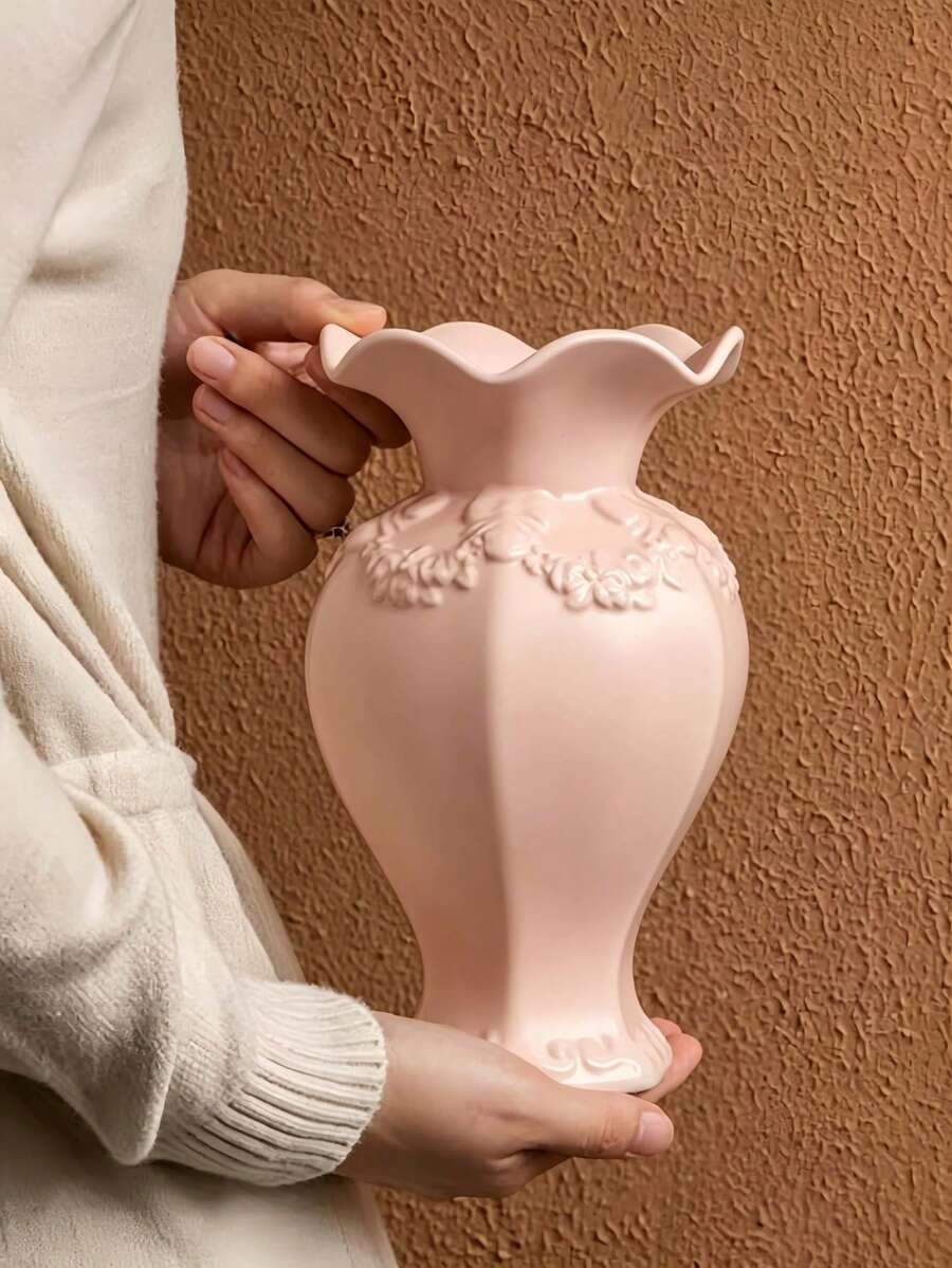 1件裝馬卡龍粉色浮雕花卉樹脂花瓶 荷葉邊復古美學花藝裝飾 桌上中心裝飾品 家居臥室客廳禮物 - 均碼 - 查看 1