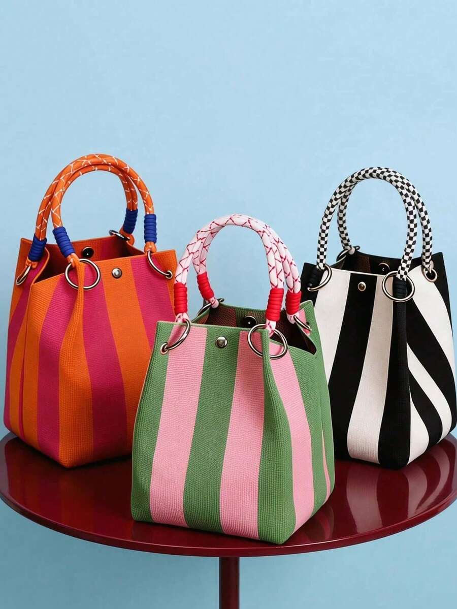 Space-Saving Storage & Organization, Vibrant Color Ergonomic Multi-Function Storage Bag, Durable Knitted Striped Tote Bag, Suitable For Fashion Enthusiasts, Convenient For Daily Use, Can Store Small Items And Desktop Accessories, Multi-Function Storage Bag
