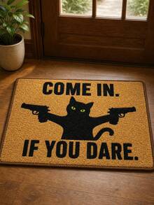 1pc Funny Black Cat Welcome Doormat, Creative Cartoon Kitten Holding Gun With Sassy Expression Print, Plush Rectangular Rug, Entryway Door Mat, Gag Gift, Quirky Home Decor, Suitable For Front Door Entrance Hallway Living Room Bedroom, Cat Lover Housewarming Gift - Black - View 3
