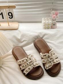 Sandalias planas de perlas francesas 2026, sandalias de playa de moda, zapatillas casuales de moda, boda - Beis - Ver 5