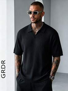 GRDR Suéter de punto de manga corta de unicolor para hombres, de moda para el verano - Negro - Ver 4