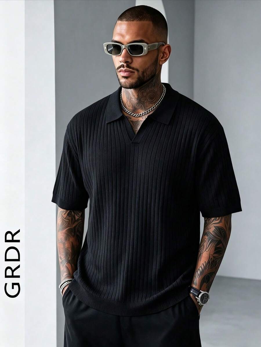 GRDR Suéter de punto de manga corta de unicolor para hombres, de moda para el verano