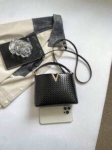 1pc Women's Fashion Commuter Solid Color All-Season Handbag, Portable Versatile Luxury Shoulder Bag, High-Quality Woven Texture Crossbody Bag, Suitable For Dating, Shopping, Gift, Work - Black - View 6