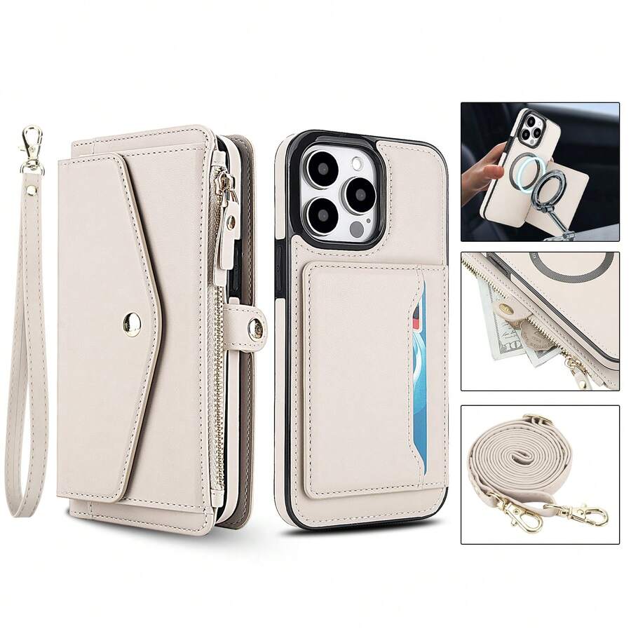 Étui de téléphone avec portefeuille magnétique amovible pour femmes, compatible avec la charge sans fil, fente de carte anti-vol RFID, avec sangle bandoulière, compatible avec iPhone 16e/16/15/14/13/12/11 Pro Max X XS XR XS Max SE 2022 7 8 Plus, convient pour le shopping, les voyages, les cadeaux d'anniversaire et plus encore - Blanc - Voir 1