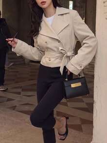 Women's Versatile Commuter Double-Breasted Belted Short Coat, Autumn/Winter - Apricot - View 3