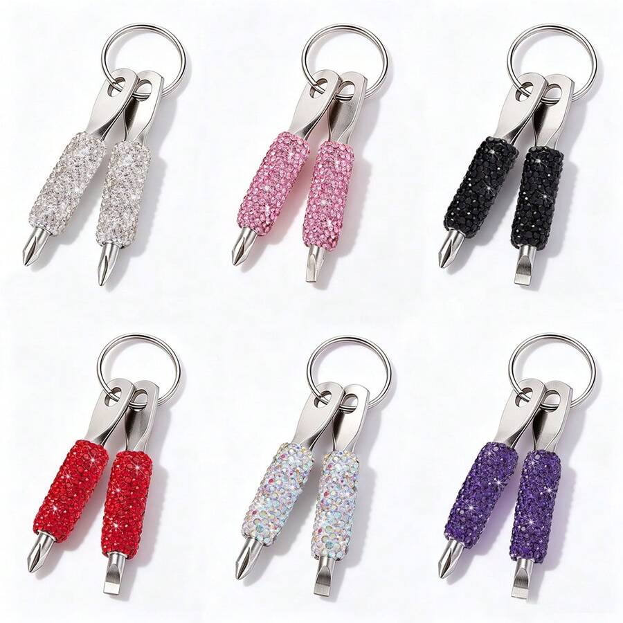 1pc Shiny Full Rhinestone Mini Screwdriver Keychain Set, Stainless Steel Slotted Screwdriver Portable Pocket Repair Multi-Function Tool, Shiny Crystal Rhinestone Key Ring Bag Pendant Fashion Style - Multicolor - View 1