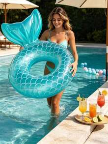 Inflatable Large Mermaid Tail Swim Ring With Backrest, Rubber Floating Bed For Adults, Lake/Beach Swimming Float, Summer Pool Beach Mermaid Theme Party Decoration Water Rest Float, Suitable For Swimming Pool, Beach, Theme Party - Multicolor - View 6