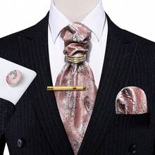 5Pcs Dusty Pink Jacquard Ascot Tie Pocket Square Cufflinks Ring Tie Clip Set,Cufflinks Pattern Random,Formal Accessories For Wedding - Dusty Pink - View 2
