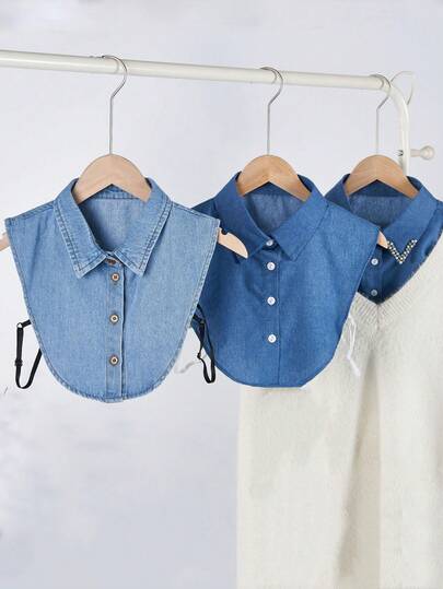 1 pieza Cuello desmontable de denim de unicolor con cuentas, capa interior minimalista, lavado y cuello puntiagudo