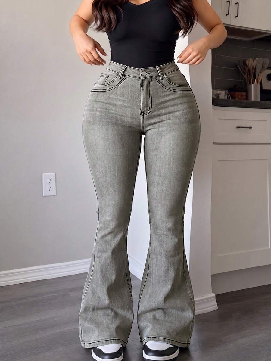 Plus Size Denim Straight Leg Jeans For Women, Medium Stretch Long Pants With Zipper Details, Perfect For Fall Women's Clothes - Light Grey - View 1