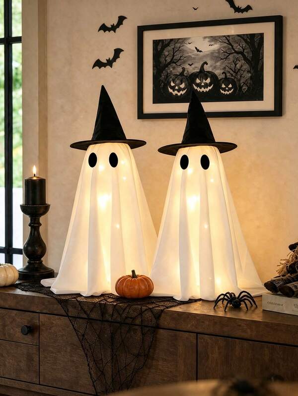 Glowing Halloween Scary Ghost Decoration, Ghost With Witch Hat And Light String, Ghost Tabletop Centerpiece, Suitable For Desk, Mantel, Dining Table, Indoor, Home, Farmhouse Style
