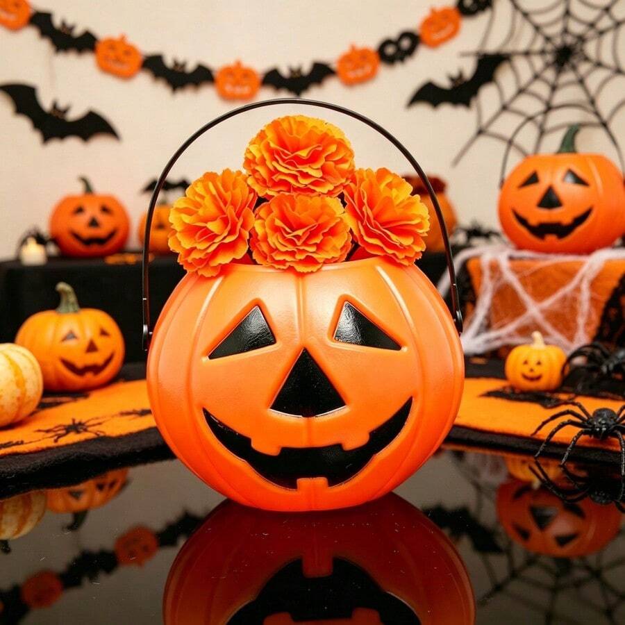 Halloween Pumpkin Flower Bucket Witch Costume Holiday Atmosphere Decoration Props Handheld Ornament - 4 Flowers + Pumpkin Bucket - View 1