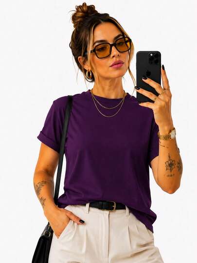 Camiseta Feminina Lisa Manga Curta Básica de Algodão Confortável Com Gola Redonda T-Shirt Para o Dia a Dia