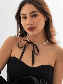 1pc Fashionable Vintage French Velvet Faux Pearl Bowknot Necklace Jewelry - Multicolor - View 10