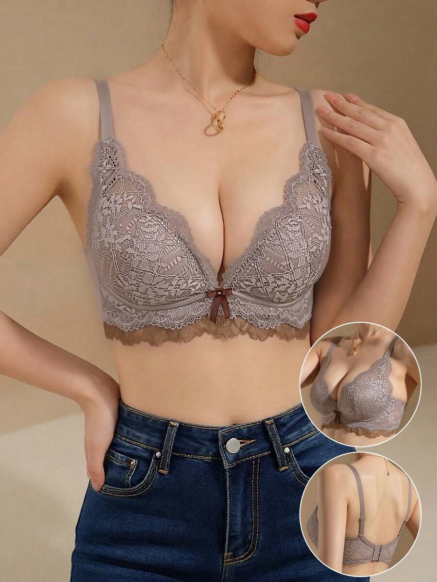 Japanese Style Small Bust Push-Up Thick Padded AB Cup Sexy Lace Bra For Women, Side-Smoothing Anti-Sagging Adjustable Bra - Dusty Purple - View 1