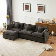 Modern L-Shaped Corner Sofa In Chenille - 3 Seat With Armrests, Dark Grey - Dark Grey 3 Seat - View 3