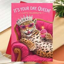 OBOVAY 1pc Cute Commemorative Card Designed Specifically For Women, Suitable For Special Occasions. The Card Features Cute Leopard Print Patterns, Crown, Fashionable Glasses And Other Elements. The Background Of The Card Is A Pink Sofa, Making It Perfect For Use As A Birthday Greeting Card. - A - View 2