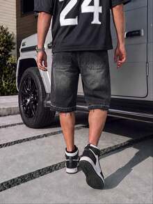 Men's Summer Black & Grey Washed Distressed Frayed Denim Shorts, American Hip Hop Loose Straight Leg Patchwork Mid-Length Pants - Black - View 5