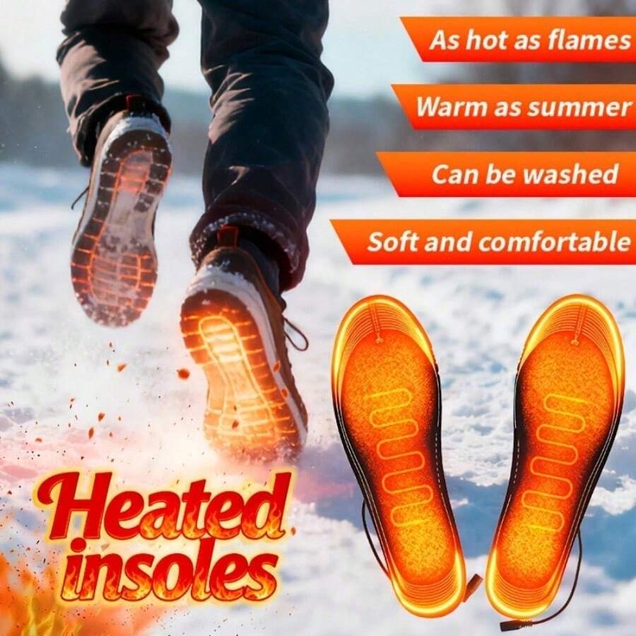1 Pair Full Foot Coverage Electric Heated Insoles, USB Plug Design, Comfortable Fit Fabric, Overheat Protection Function, Suitable For Skiing, Camping And Hunting Activities, Skiing Accessories, Cold Weather Gear - Black - View 1