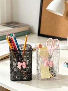 1pc Luxury Woven Texture Transparent Storage Box, Multi-Functional Stationery And Cosmetic Organizer, Decorated With Cute Bow, Space-Saving And Tidy - Pen Holder - View 3