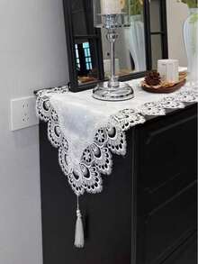 1 cái khăn trải bàn hình chữ nhật viền ren jacquard thêu kiểu Pháp sang trọng thanh lịch, phù hợp trang trí nhà hàng ngày, đám cưới, tiệc, lễ hội, dùng cho bàn trang điểm, tủ TV, bàn cà phê, bàn cạnh giường - trắng - Xem 10