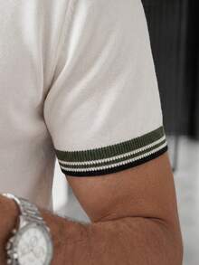 Men's Contrast Color Vertical Striped Knit Polo Short Sleeve - Casual Commute Versatile Top - White - View 3