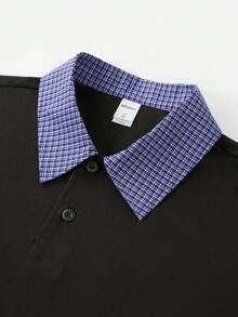INFLATION Men's New 2-In-1 Long Sleeve T-Shirt, Miu-Style College Style Colorblock Polo Top - Black - View 7