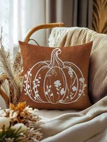 1/2/4pcs Caramel Brown Vintage Pumpkin Print Decorative Pillow Covers, White Line Wildflower Pumpkin Square Cushion Covers, Suitable For Autumn, Thanksgiving, Country Farmhouse Sofa Home Decor - Multicolor - View 6