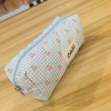 Style Cherry & Plaid Quilted Pencil Case, Soft Cotton Filled Stationery Bag, Student Portable Makeup Bag, Back To School Essential, Desktop Storage & Travel Makeup Bag - W - View 8