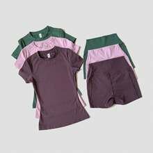 Women's Sports Yoga Set Seamless Knitted Fitness Gym Clothes Sportswear Short Sleeve Crop Top Tracksuits Gym Short Leggings - Pink - View 10