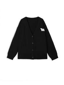 Minimalist Embroidered Solid Color V-Neck Cardigan Women's New Loose Fit Versatile Soft Knit Sweater Jacket Black - Black - View 4
