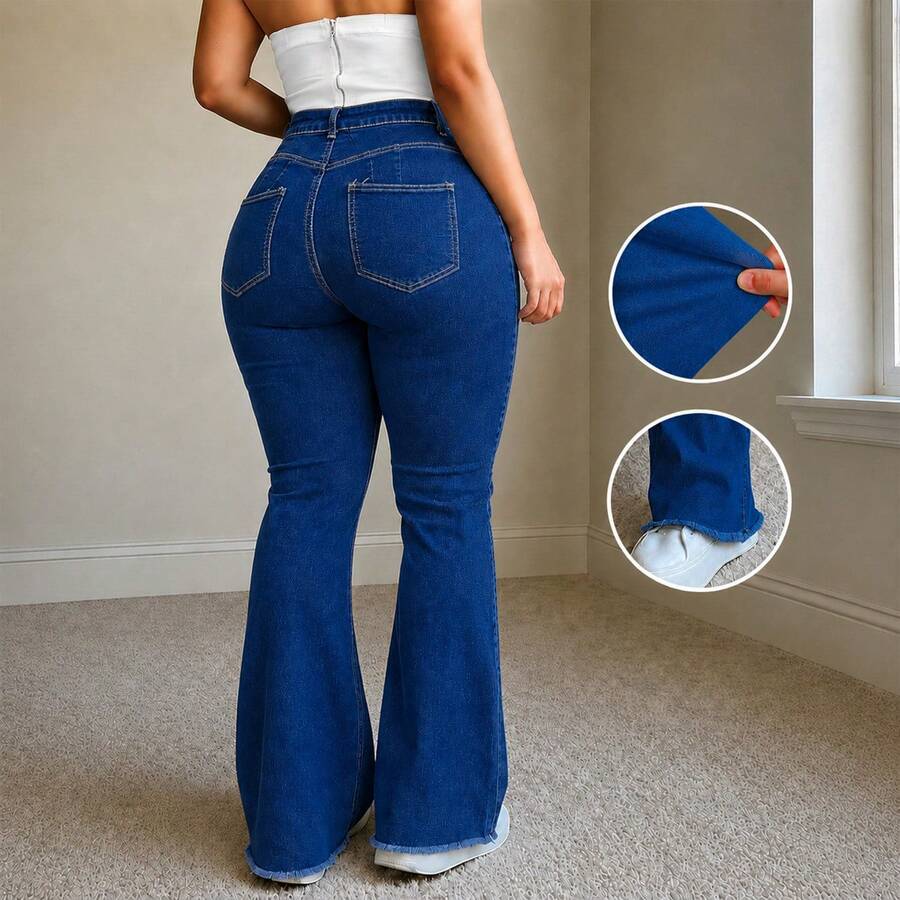 Plus Size High Waist Flare Jeans, High Elasticity Light Blue Denim Pants, Slim Fit Flare Leg With Frayed Hem Design, Casual Pants Fall - Royal Blue - View 1