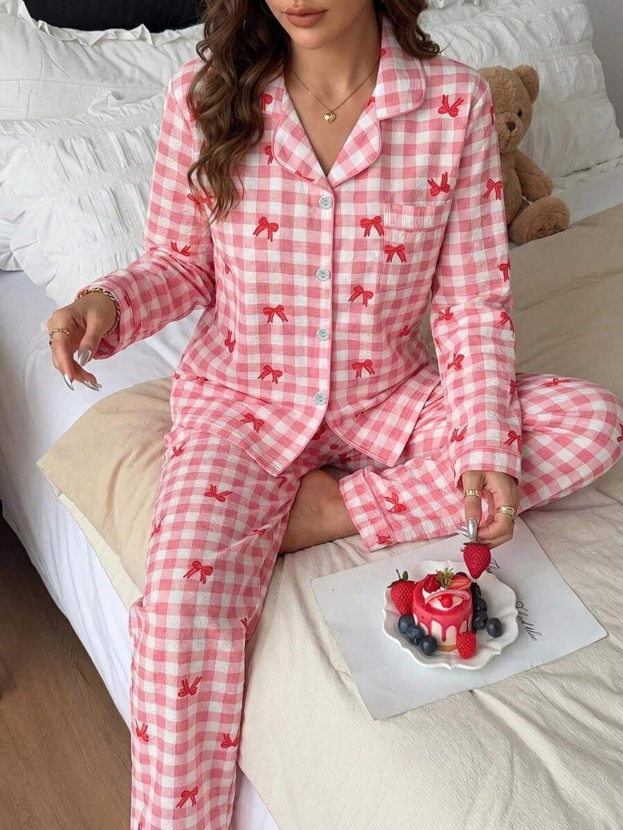 2pcs/Set American Plaid Bow Print Autumn/Winter Pajama Set, Lapel Button Long Sleeve Top And Pants, Women's Sleepwear Loungewear Set - Red - View 1