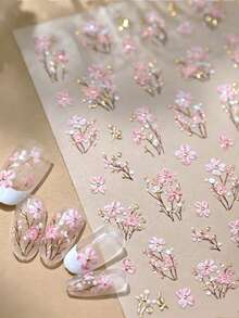 1pc 5D Gold Foil Pink Floral Nail Art Sticker, Elegant Skin-Brightening Wildflower Pattern, Women's DIY Decorative Sticker For Phone Case, Camera, Water Cup, Makeup Mirror Nail Stickers - Pink - View 1