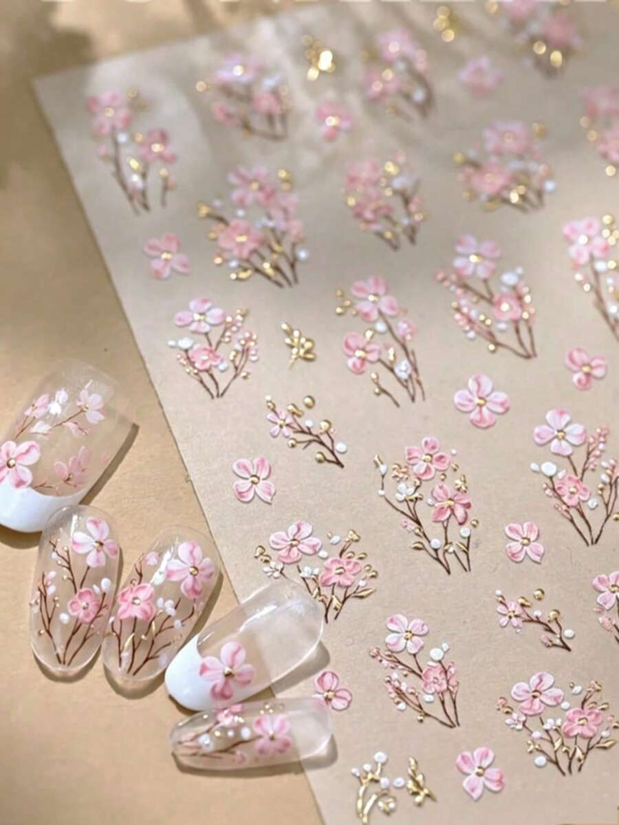 1pc 5D Gold Foil Pink Floral Nail Art Sticker, Elegant Skin-Brightening Wildflower Pattern, Women's DIY Decorative Sticker For Phone Case, Camera, Water Cup, Makeup Mirror Nail Stickers - Pink - View 1