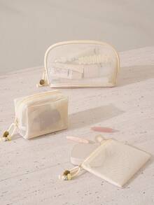 1/3pcs Large Capacity Macaron Color Mesh Makeup Bag, Fresh Style, Premium Quality, Beige Multifunctional Mesh Storage Bag; Portable Zipper Pouch/Travel Toiletry Bag, Suitable For Home Or Office, Also An Excellent Gift For Friends; Bohemian Style, Can Also Be Used As Swimming Beach Bag - Beige - View 6