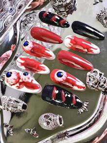 10PCS Women Almond Nails, Acrylic Fake Nails With 3D Eyeball Nail Charms & Glossy Blood Drip Nail Art, White Red Black Horror Striped Almond Cut, Handmade Spooky Gothic Press On Nails, Nail Supplies - Hot Pink - View 4