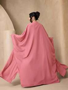 Fashionable Versatile Solid Color 3-Piece Set Women's Elegant Sleeveless Long Robe + Loose Abaya Cardigan Long Robe + Scarf Set, Soft Skin-Friendly Sun Protection Muslim Clothing Shawl - Pink - View 3