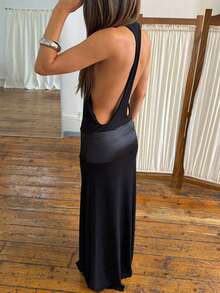 DOUCIU Solid Color U-Neck Backless Sexy Maxi Dress Party Night Club Style - Black - View 5