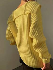 Plus Size Women's Fashion Elegant Ribbed Cold Shoulder Cardigan Sweater, Autumn/Winter Style, Date Night Outfit, Casual Wear - Yellow - View 3